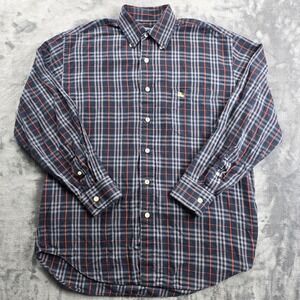 Burberry London Button Down Shirt Mens S Navy Blue Orange Plaid Long Sleeve Logo